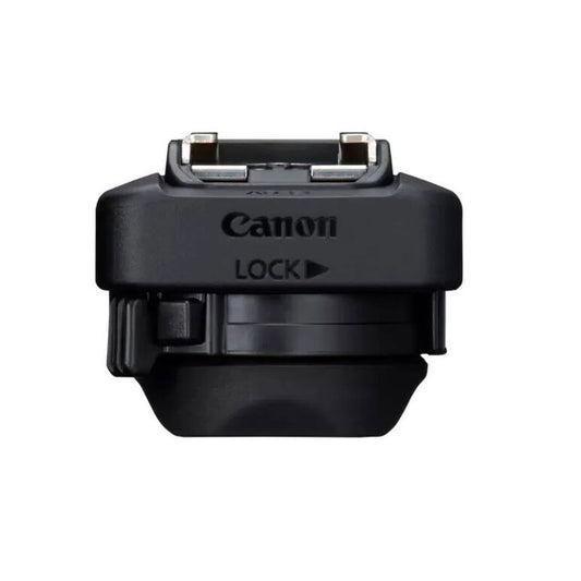 Canon AD-E1 shoe adapter, black body with lock label and mounting foot
