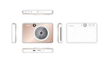 Zoemini S2 instant camera printer shown front, sides, and back in rose gold/white