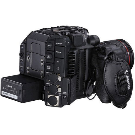 Black EOS C300 Mark III cinema camera with side controls and battery pack