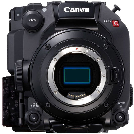 Black EOS C300 Mark III camera with front lens and grip controls