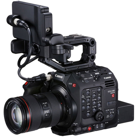 Black EOS C300 Mark III camera from left-rear angle with lens and control panel