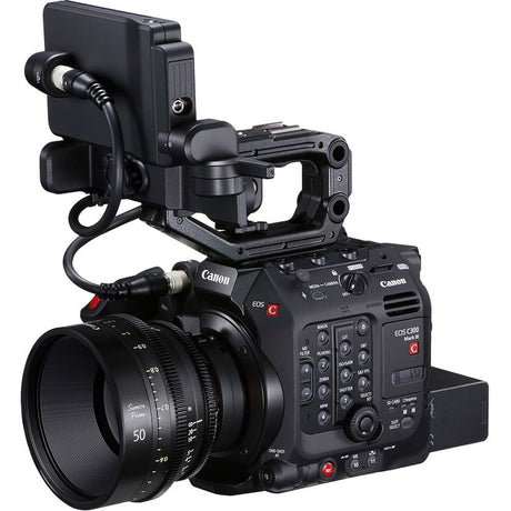 Black EOS C300 Mark III cinema camera front-left view with large zoom lens