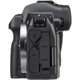 Black mirrorless camera body, ports panel with HDMI and MIC labels