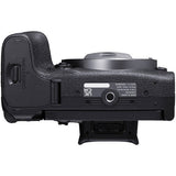 Aparat foto Canon EOS R10 din lateral-spate, porturi și clapetă, negru