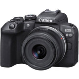 Aparat foto Canon EOS R10 cu obiectiv 18–45 mm, față, negru