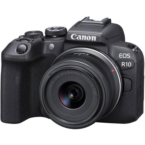 Aparat foto Canon EOS R10 cu obiectiv 18–45 mm, față, negru