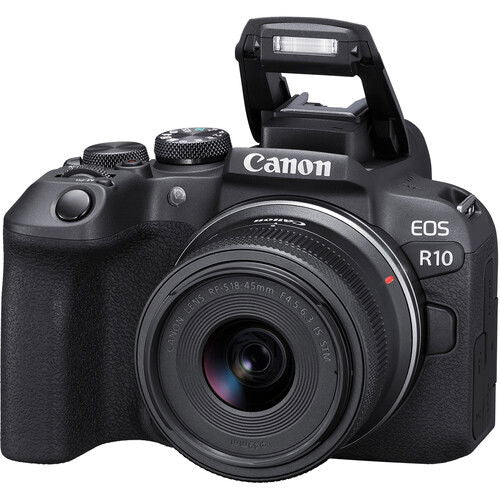 Aparat foto Canon EOS R10 cu obiectiv 18–45 mm, blitz ridicat, negru