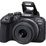 Aparat foto Canon EOS R10 cu obiectiv 18–45 mm, blitz ridicat, negru