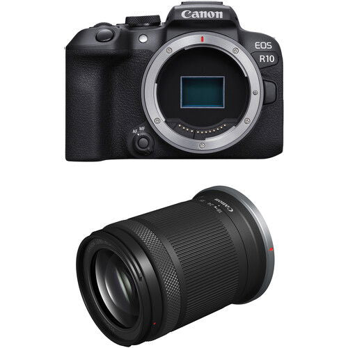 Aparat foto Canon EOS R10 negru cu obiectiv 18-150mm, vedere din față