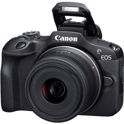Aparat foto mirrorless Canon EOS R100 cu obiectiv 18-45 mm și bliț ridicat