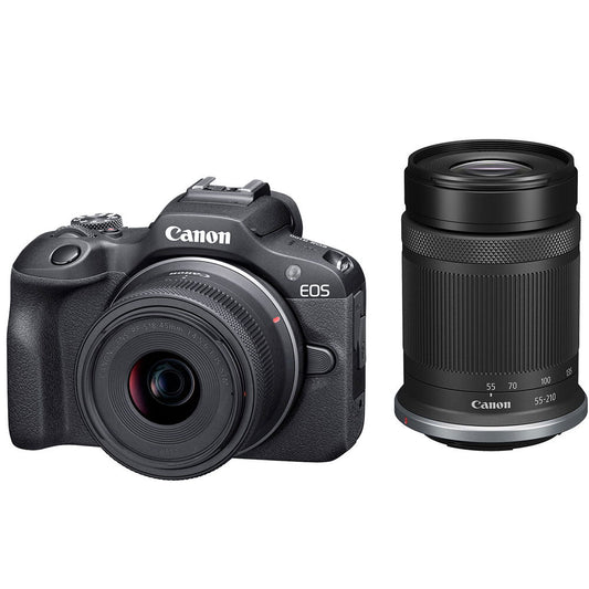 Aparat foto Canon EOS R100 cu obiectiv și obiectiv tele separat, carcasă neagră