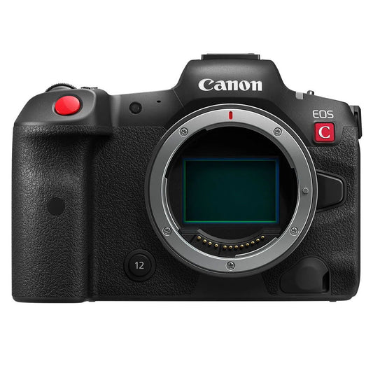 Black mirrorless cinema camera with large front lens mount and visible sensor window