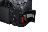 Aparat foto mirrorless, carcasă neagră, panou lateral cu ușă de conectare