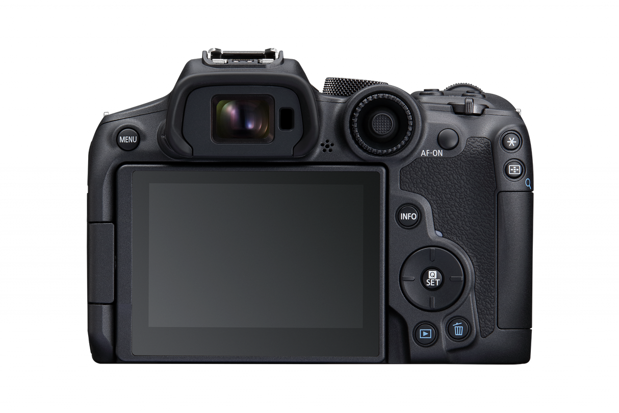 Aparat foto mirrorless, carcasă neagră, ecran LCD și selector de moduri