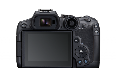 Aparat foto mirrorless, carcasă neagră, ecran LCD și selector de moduri