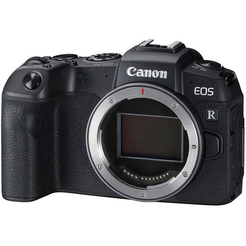 Aparat foto Canon EOS RP, carcasă neagră cu montură obiectiv și logo EOS R
