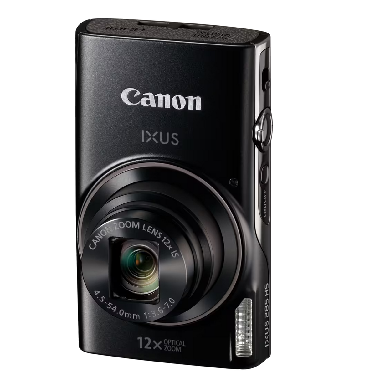 Aparat foto compact Canon IXUS negru, obiectiv și buton lateral