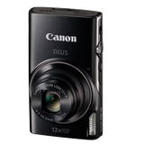 Aparat foto compact Canon IXUS negru, obiectiv și buton lateral