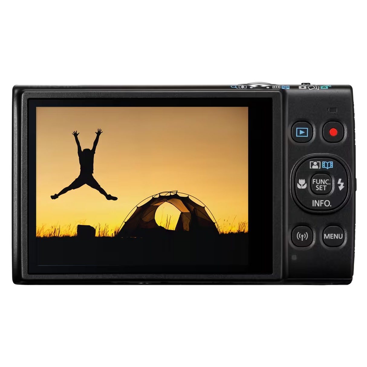 Aparat foto compact Canon IXUS negru cu ecran LCD și butoane laterale