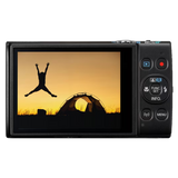 Aparat foto compact Canon IXUS negru cu ecran LCD și butoane laterale