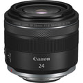 Canon RF 24mm f/1.8 macro lens front view, black finish, textured grip