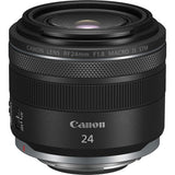 Canon RF 24mm f/1.8 macro lens front view, black finish, textured grip