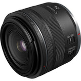 Canon RF 24mm f/1.8 macro lens angled view, AF/MF and stabilizer text on barrel