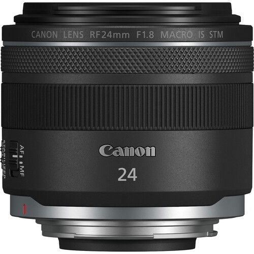 Canon RF 24mm f/1.8 macro lens side view, black body with Canon 24 marking