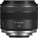Canon RF 24mm f/1.8 macro lens side view, black body with Canon 24 marking