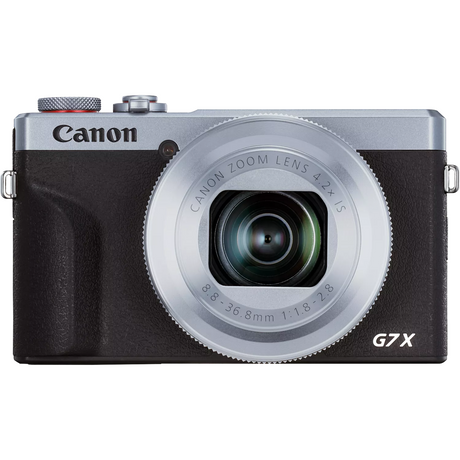 PowerShot G7 X Mark III silver compact camera, top dial and front zoom lens view