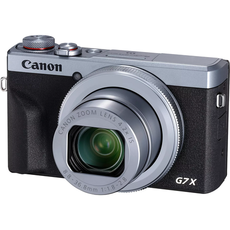 PowerShot G7 X Mark III silver compact camera, front controls and large zoom lens