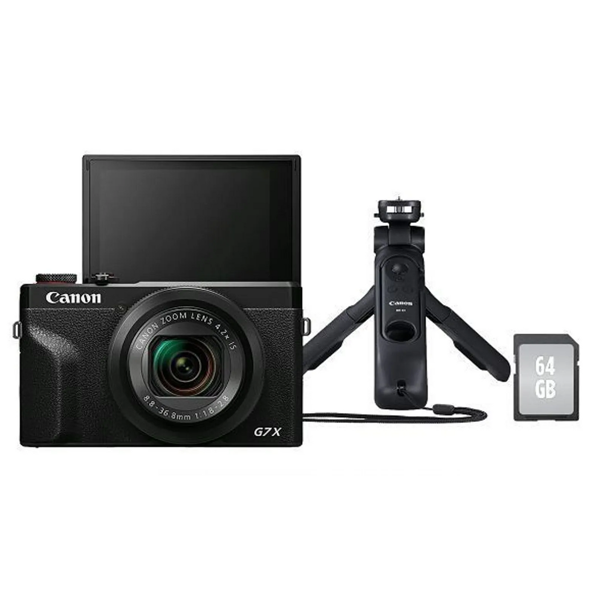 PowerShot G7 X Mark III vlogging kit: camera, grip, tripod mount and 64GB SD card