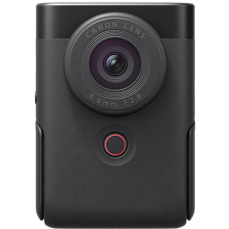 Close-up of black camera lens and red record button