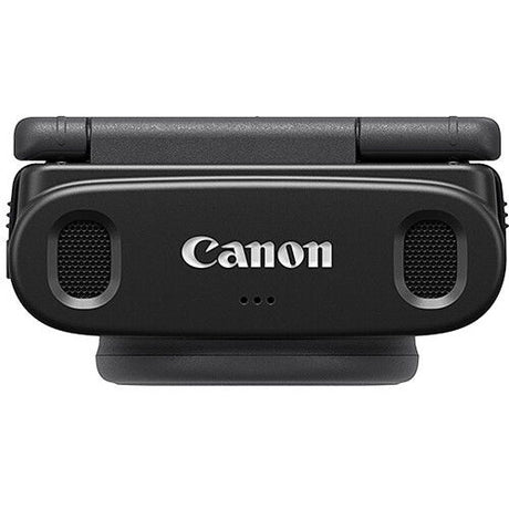 Top/front view of black camera with Canon speaker grills and grip