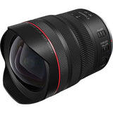 RF 10-20mm f/4 L IS STM lens angled view with front glass element and markings