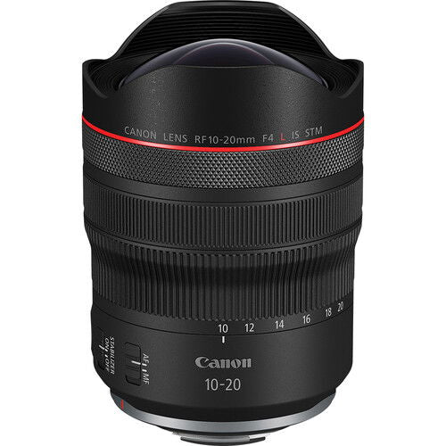 RF 10-20mm f/4 L IS STM lens full view, zoom scale numbers on barrel