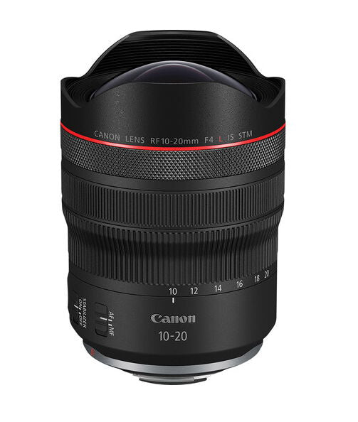 RF 10-20mm f/4 L IS STM lens, textured barrel, red accent ring
