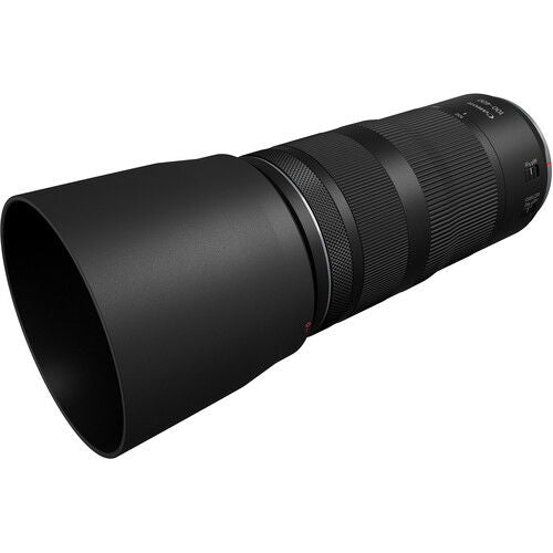 Black 100-400mm lens front opening view, large lens aperture and ribbed barrel