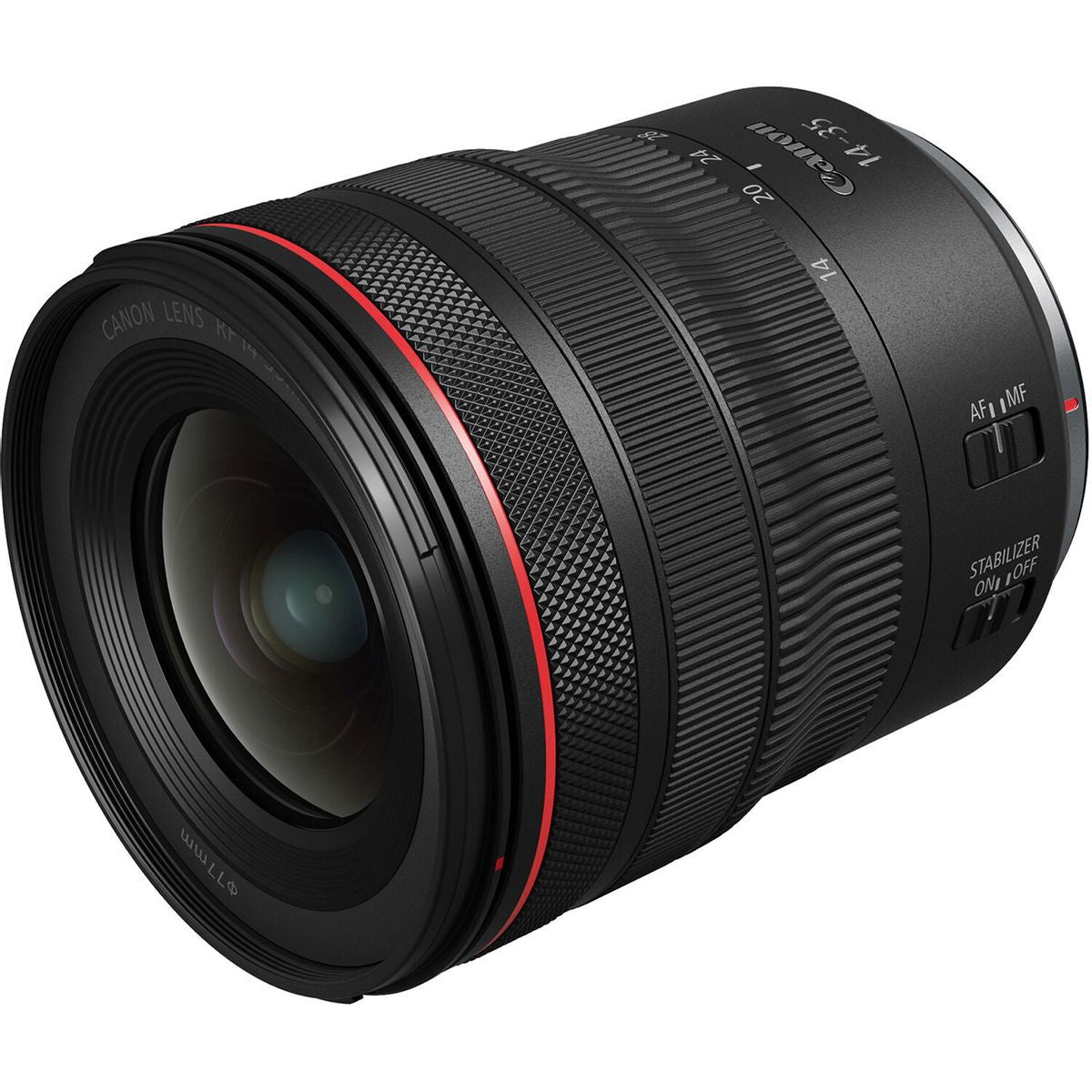14-35mm f/4 L IS USM lens, close-up of front glass with red edge stripe