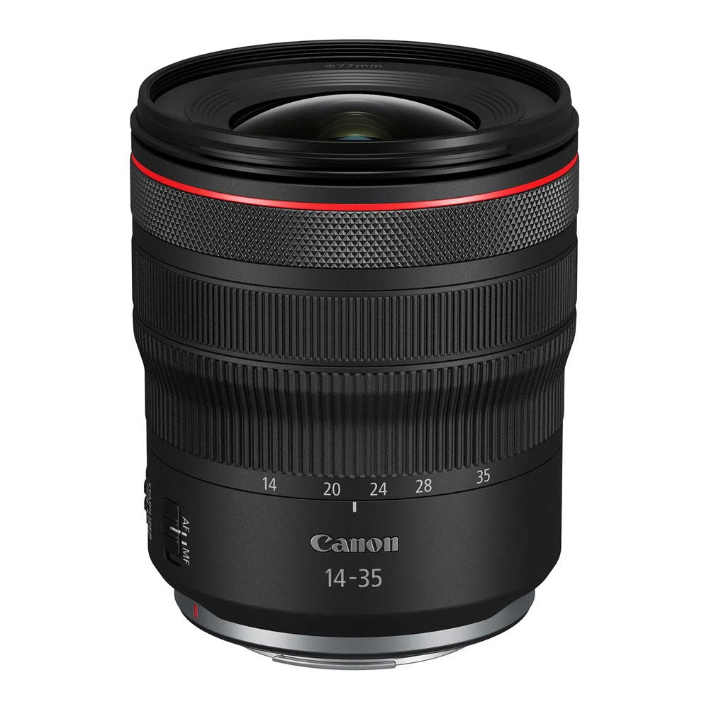 14-35mm f/4 L IS USM lens front view, textured grip and red accent band