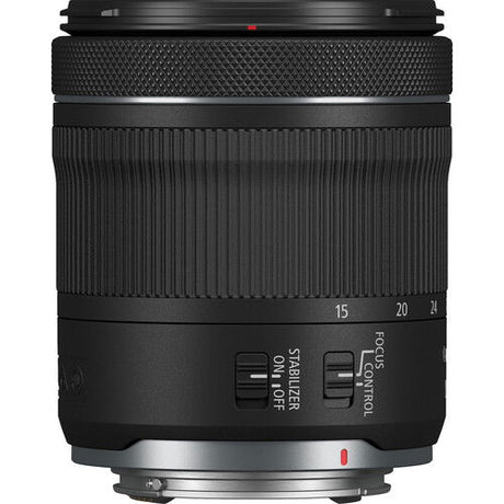 Lens rear view with Stabilizer switch and focus control markings, black finish