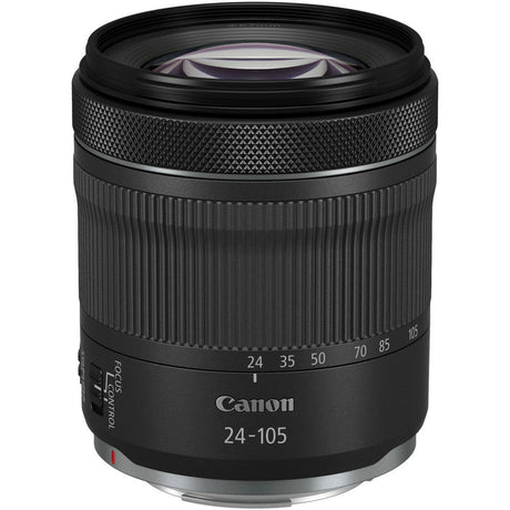 24-105mm camera lens front with glass element and textured focus ring