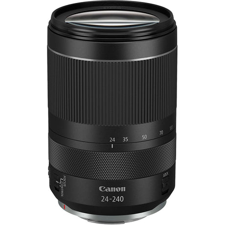Black RF 24-240mm camera lens with zoom range numbers (24–240) and textured barrel