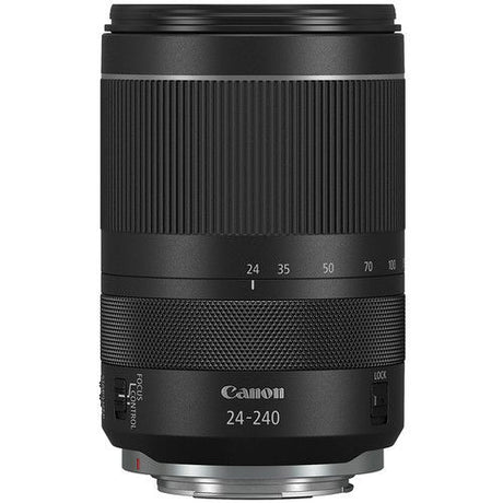 Black RF 24-240mm camera lens with ribbed grip and zoom scale markings, front view