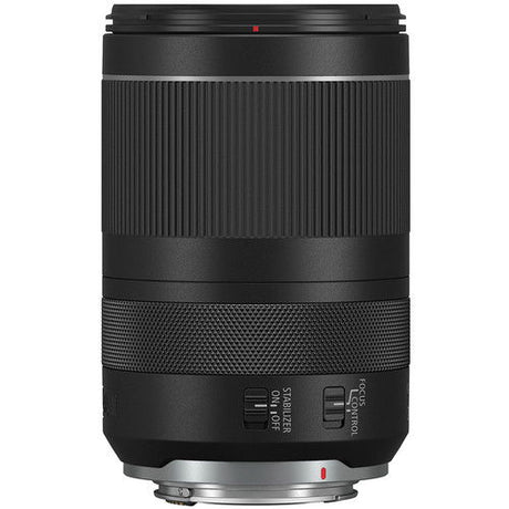 Rear mount end of black RF 24-240mm camera lens with metal ring and small red markers