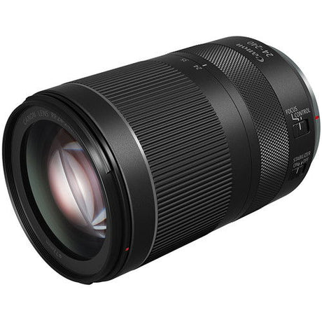 Side view of black RF 24-240mm camera lens with textured rings and focus/lock controls