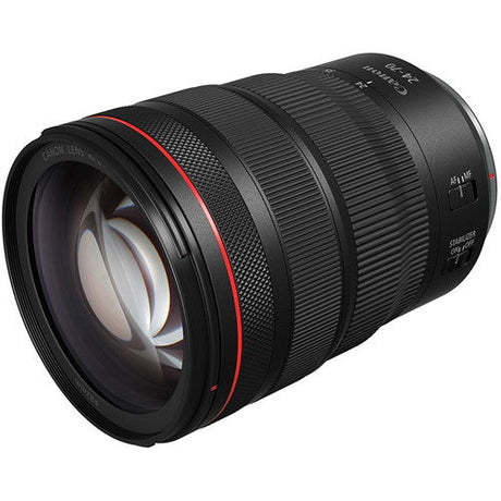 Black RF zoom lens from the side, ridged grip and visible front element