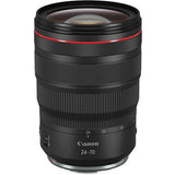 Canon RF 24-70mm F2.8 lens in black with textured grip and red accent ring
