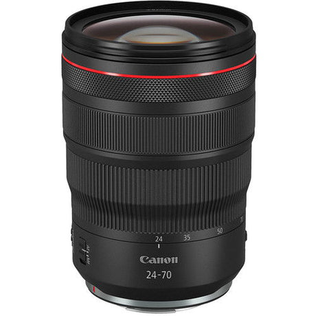 Canon RF 24-70mm F2.8 lens in black with textured grip and red accent ring