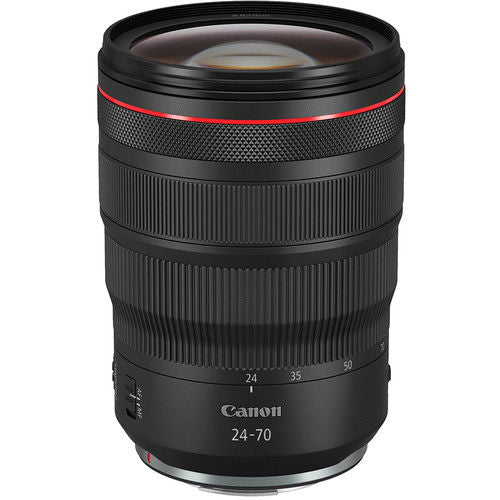 Canon RF 24-70mm F2.8 lens in black with textured grip and red accent ring